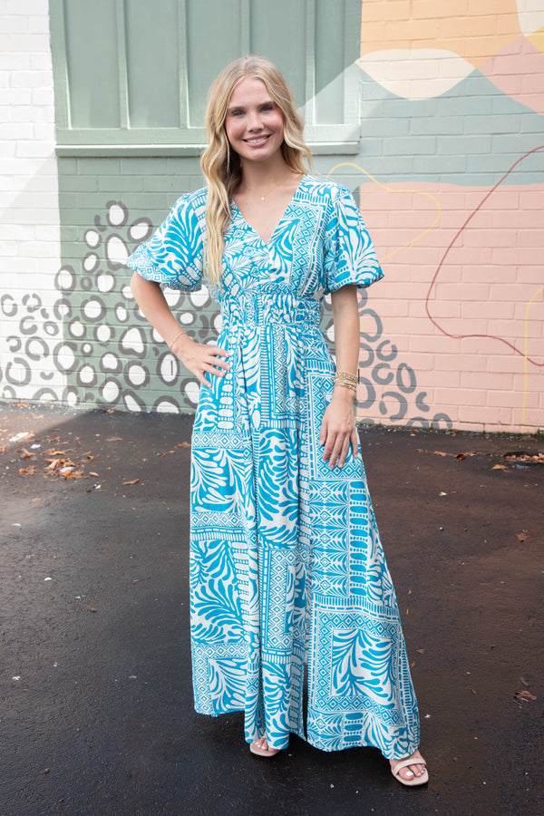 Elle Puff Sleeve Printed Maxi Dress, Turquoise