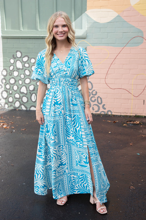 Elle Puff Sleeve Printed Maxi Dress, Turquoise