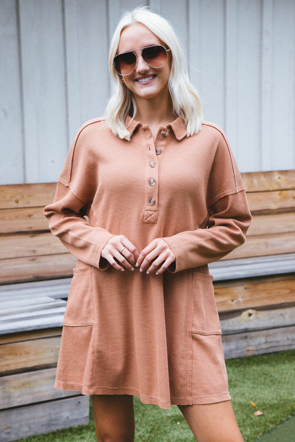 Henley Knit Collard Dress, Camel