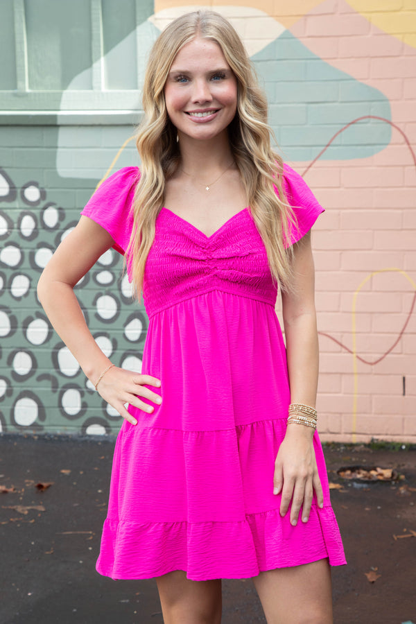 Katie Flutter Sleeve Smocked Mini Dress, Hot Pink