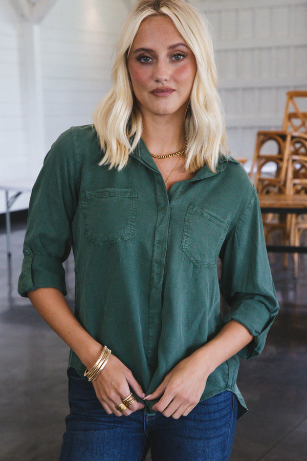 Riley Roll Tab Sleeve Shirt, Dark Green | Velvet Heart