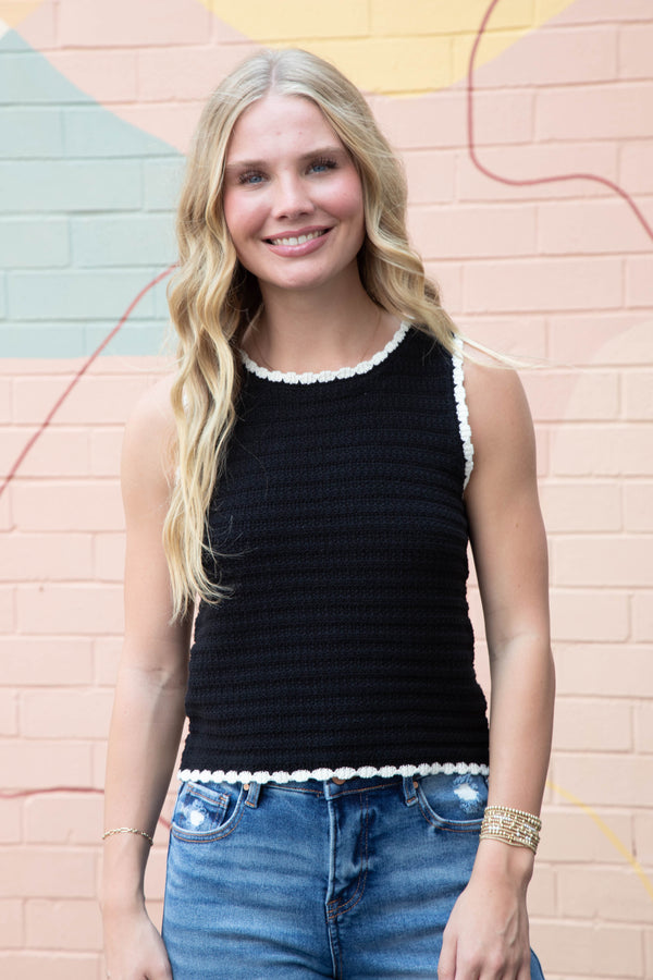 Aria Contrast Stitch Crocheted Sweater, Black