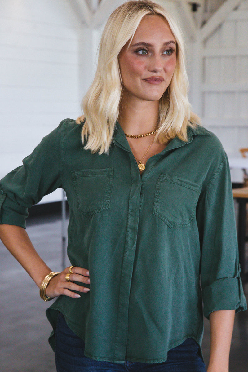 Riley Roll Tab Sleeve Shirt, Dark Green | Velvet Heart
