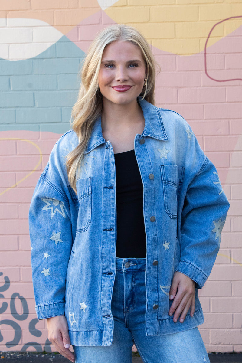 Ashley Embroidered Denim Jacket, Medium Wash