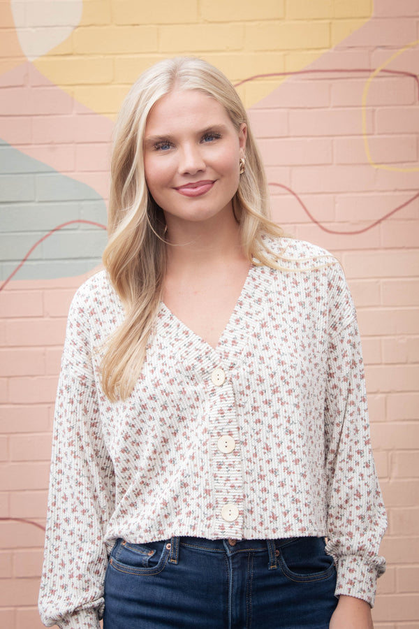 Savannah Floral Print Rib Knit Cardigan, Brown Multi