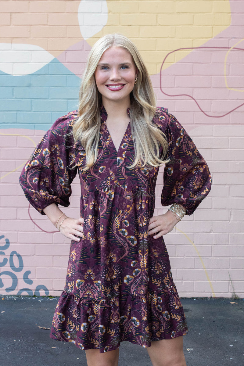 Kylie Printed Ruffle Detailed Dress, Wine Mix