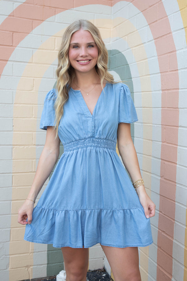 Jovie Split Neck Flounce Mini Dress, Chambray