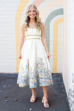 Veronica Floral Accent Trim Midi Dress, Natural