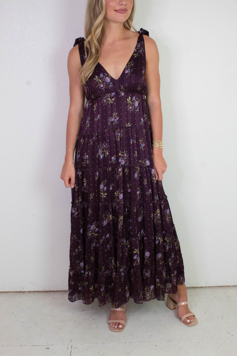 Gigi Tie Strap Printed Maxi Dress, Plum Multi Floral
