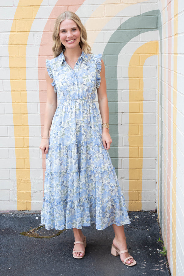 Novah Floral Print Collared Midi Dress, Blue
