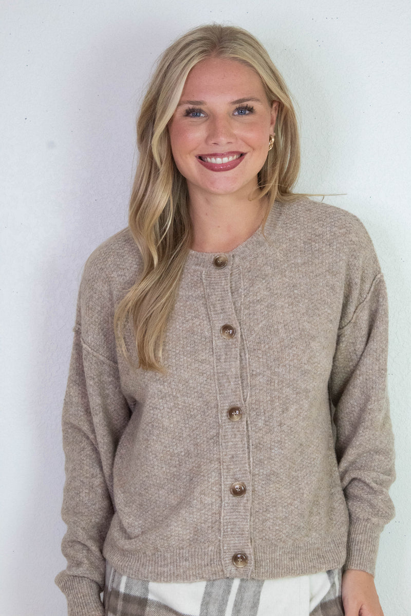 Aria Rib Trim Round Neck Cardigan, Khaki