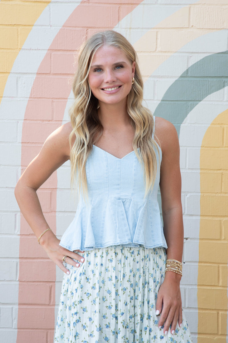 Demi Seam Detail Denim Top, Sea Blue | Steve Madden