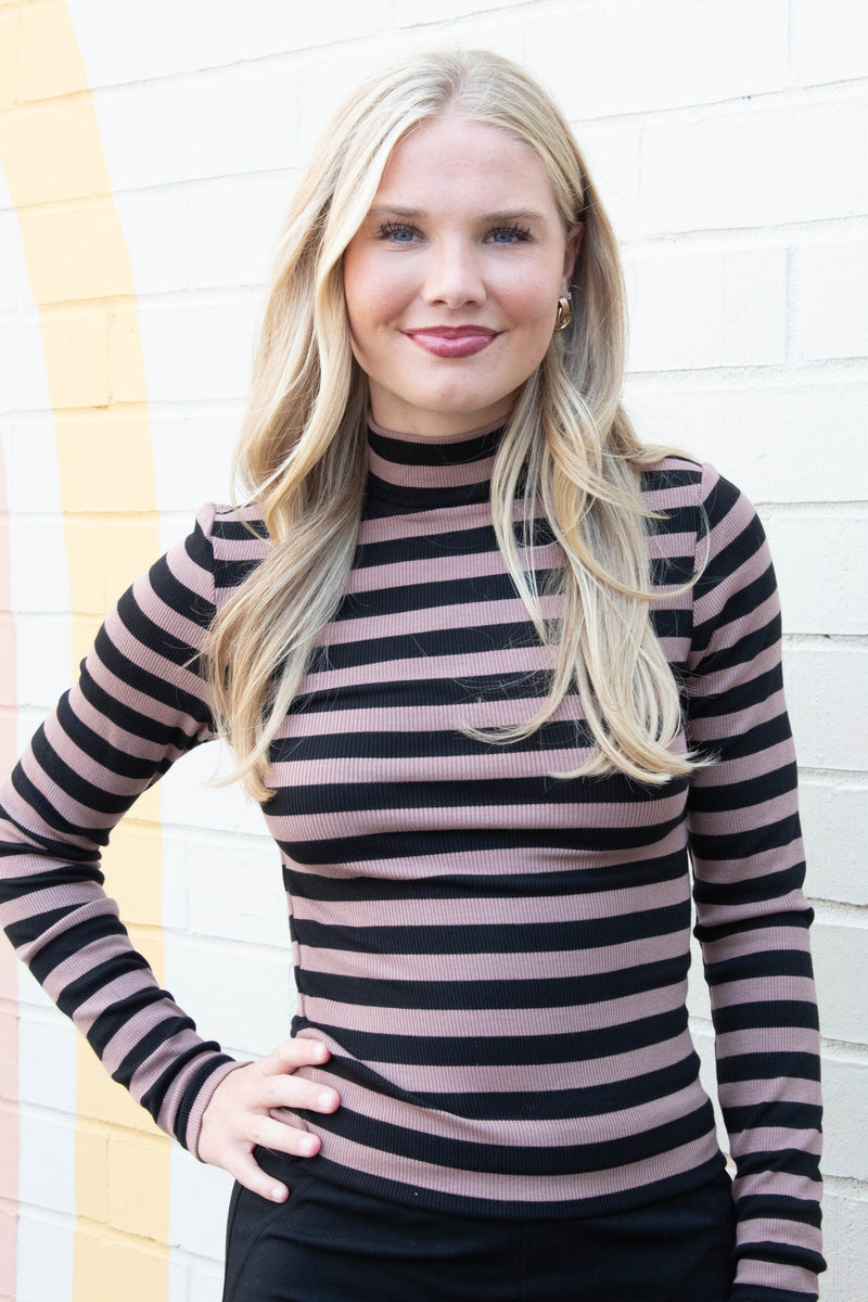 Mock Neck Essential Top, Mocha/Black Stripe | Sanctuary