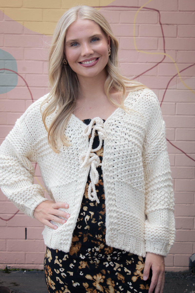 Iggy Chunky Tie Front Cardigan, Ivory | Sadie & Sage