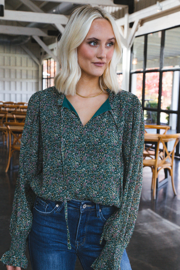 Mariam Textured & Printed Tie Neck Top, Hunter Green