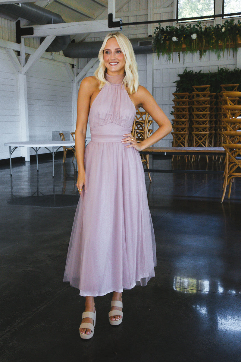 Pink Sunset Halter Tulle Midi Dress, Blush
