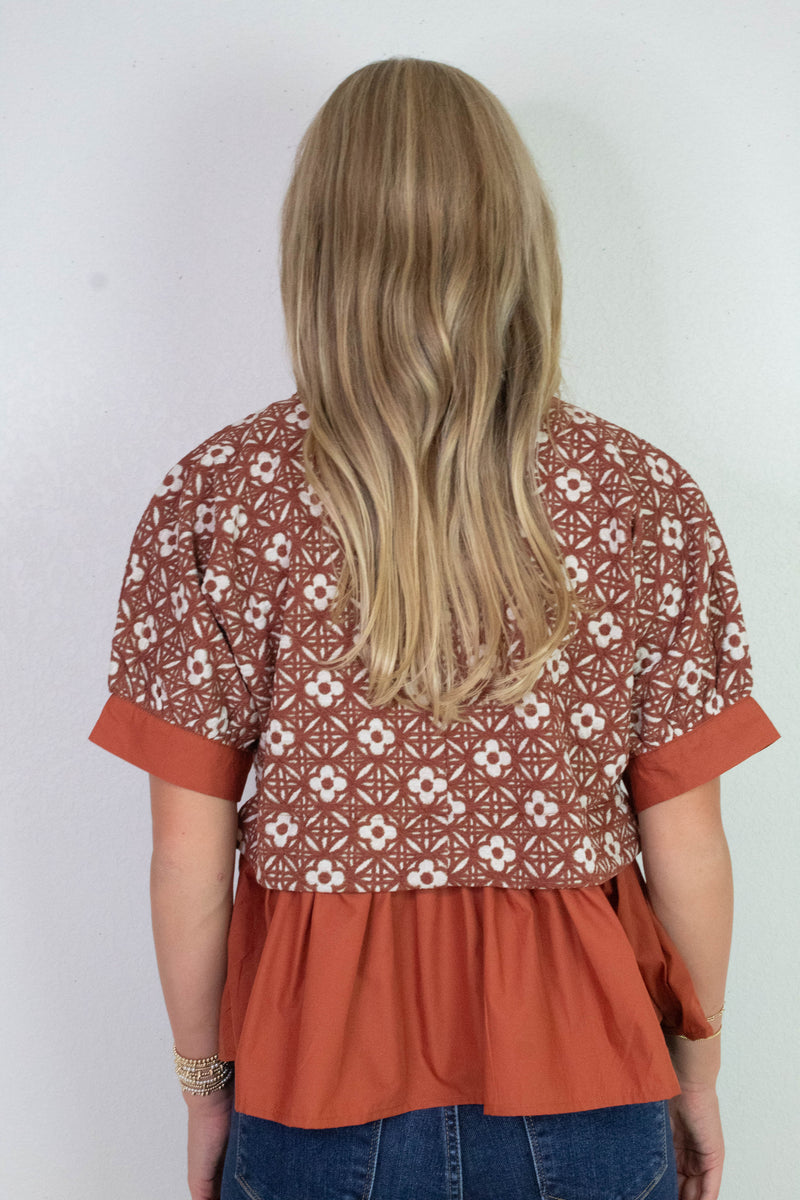 Harriet Mix Media Peplum Top, Rust