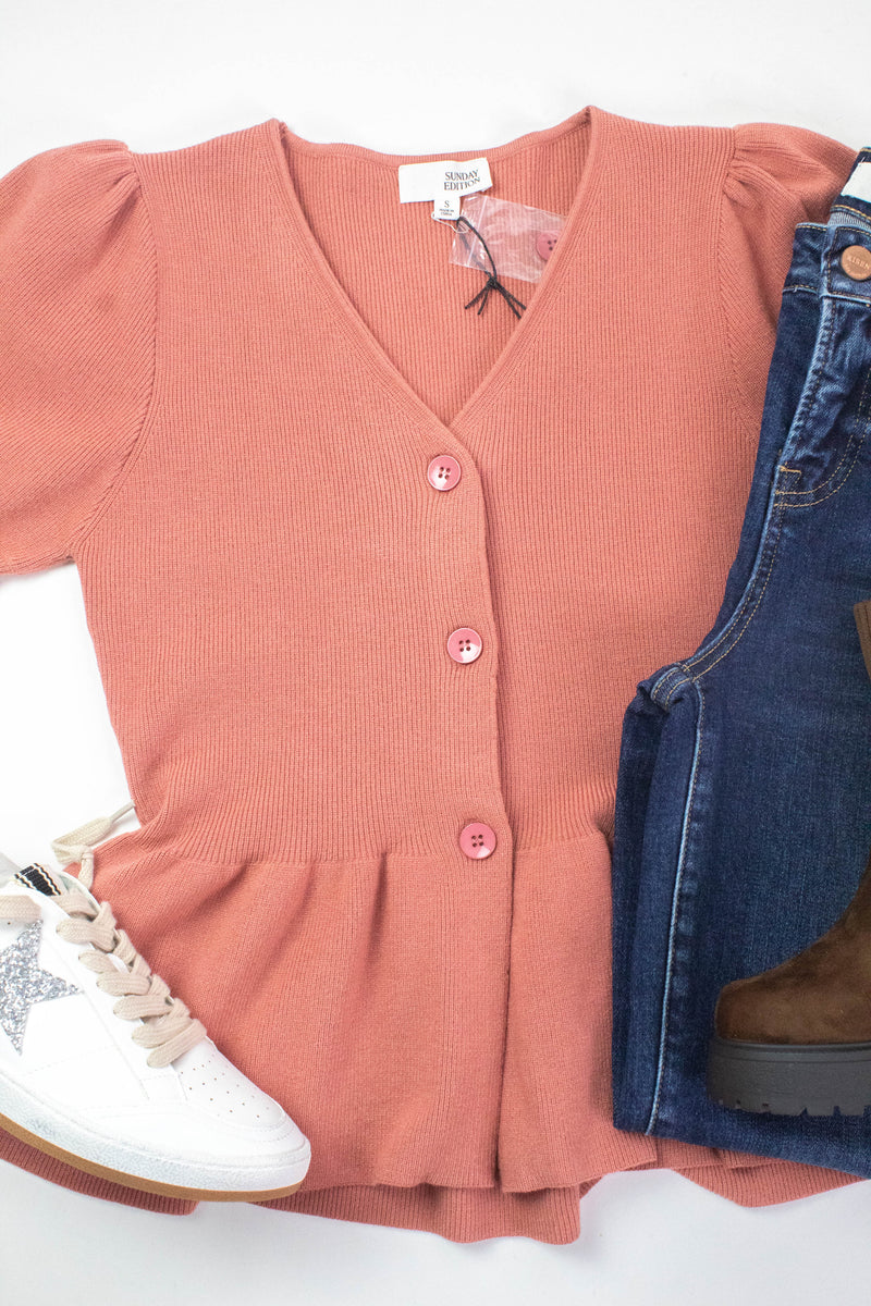 Eliza V-Neck Ribbed Peplum Top, Rose