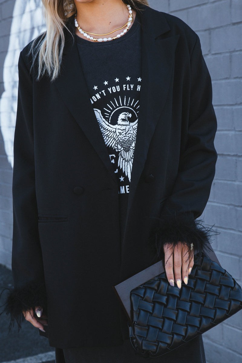 Audrey Feather Oversized Blazer, Black