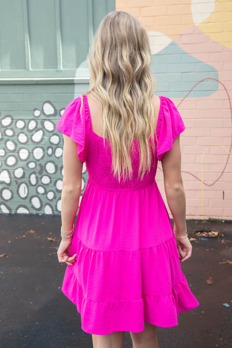 Katie Flutter Sleeve Smocked Mini Dress, Hot Pink