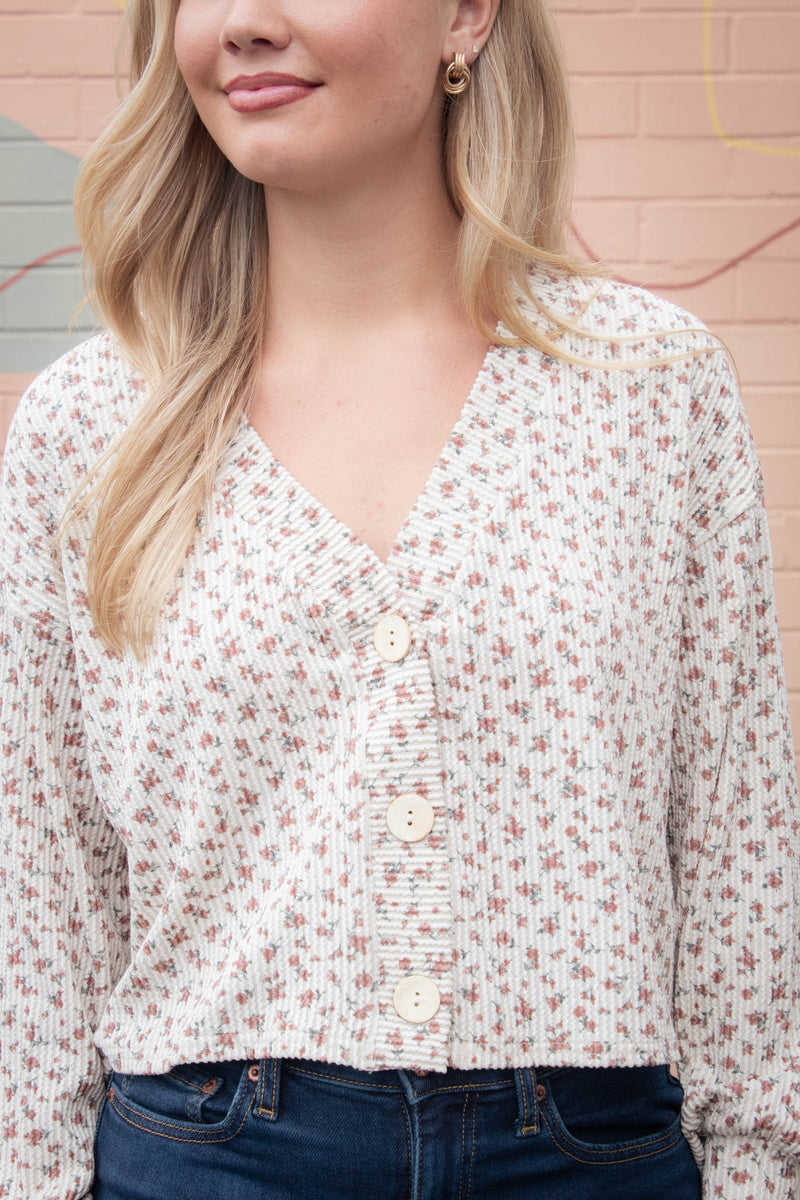 Savannah Floral Print Rib Knit Cardigan, Brown Multi