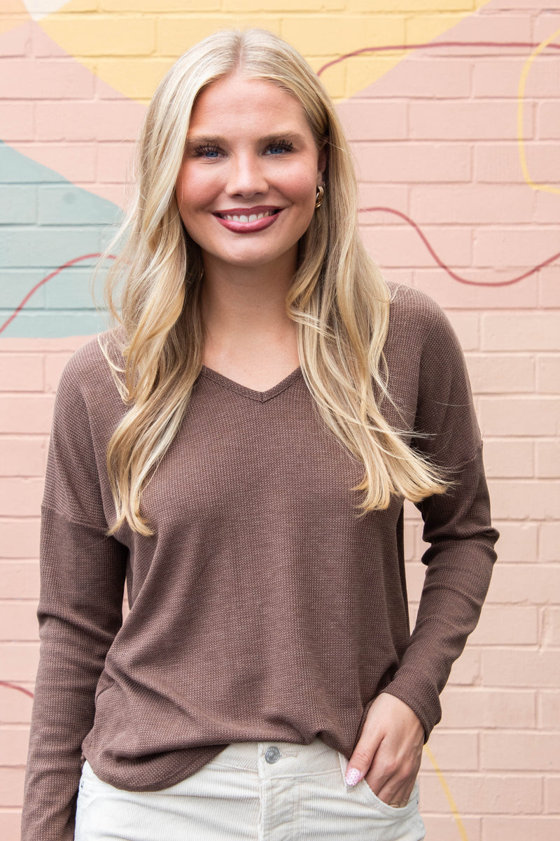 Gabrielle Round Hem Thermal Top, Dark Mocha