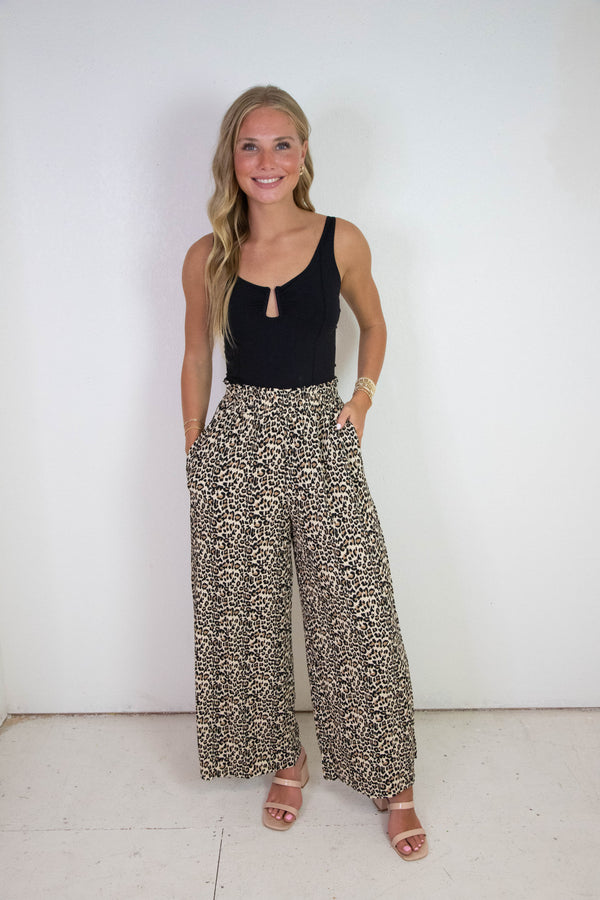Rowan Textured Elastic Waist Pants, Mocha Leopard