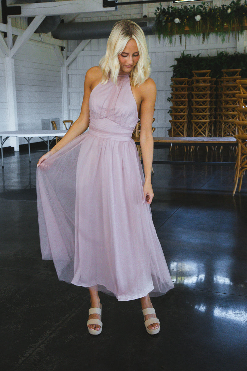 Pink Sunset Halter Tulle Midi Dress, Blush
