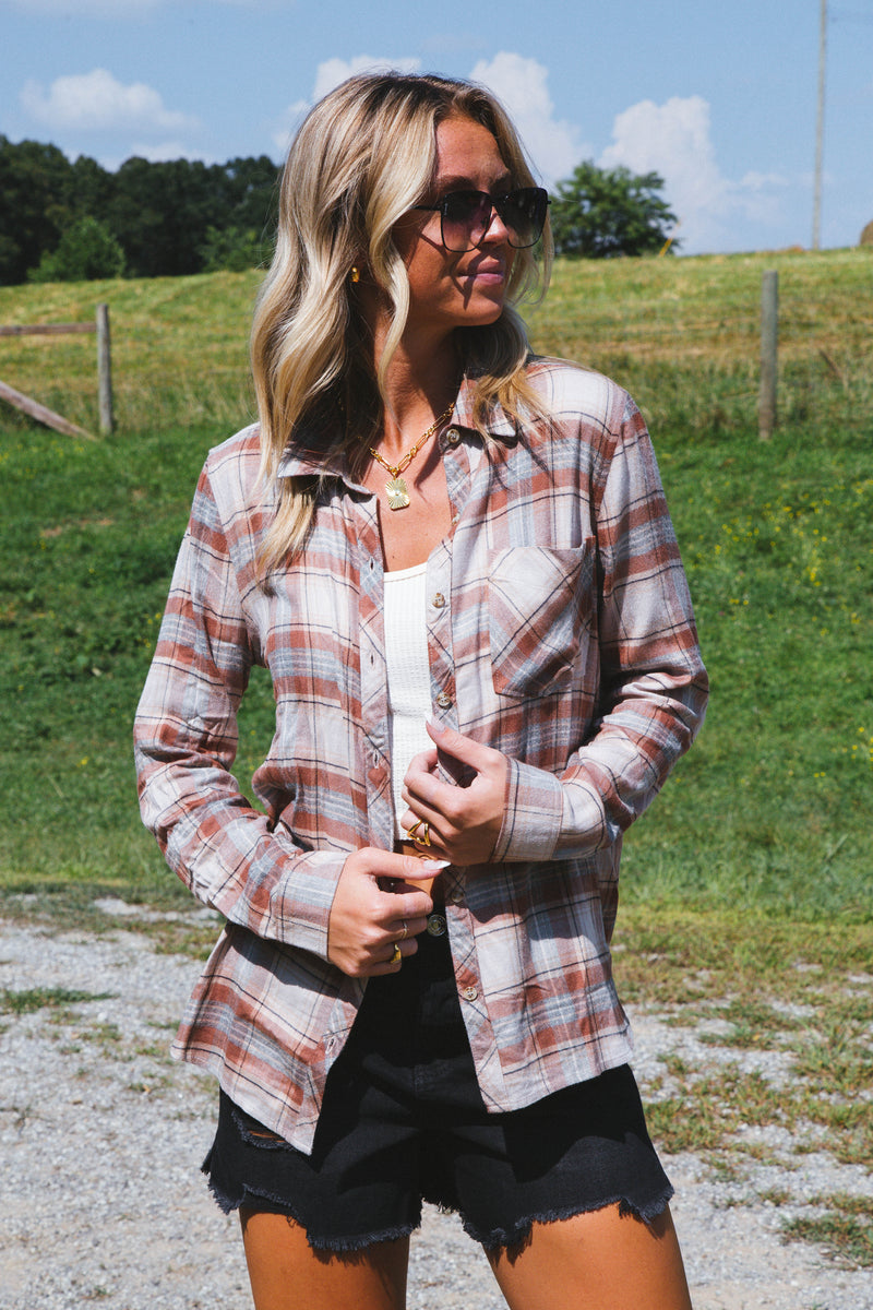 Fall Back Plaid Flannel Shirt, Almond