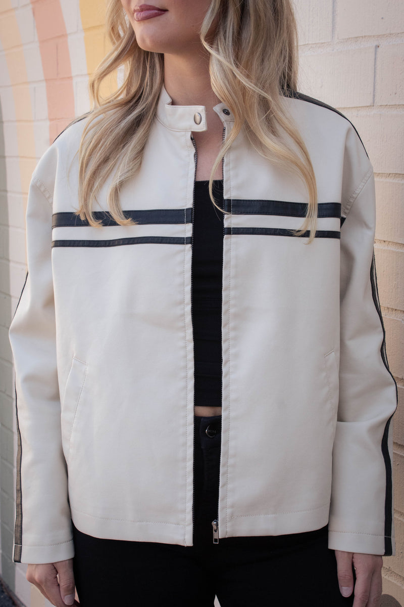 Noa Line Detail Faux Leather Jacket, Ecru