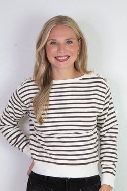 Eloise Buttoned Shoulder Sweater, Cream/Brown