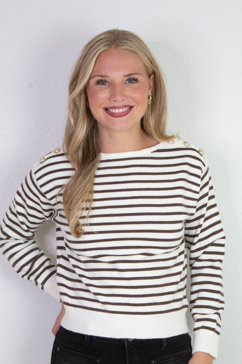 Eloise Buttoned Shoulder Sweater, Cream/Brown