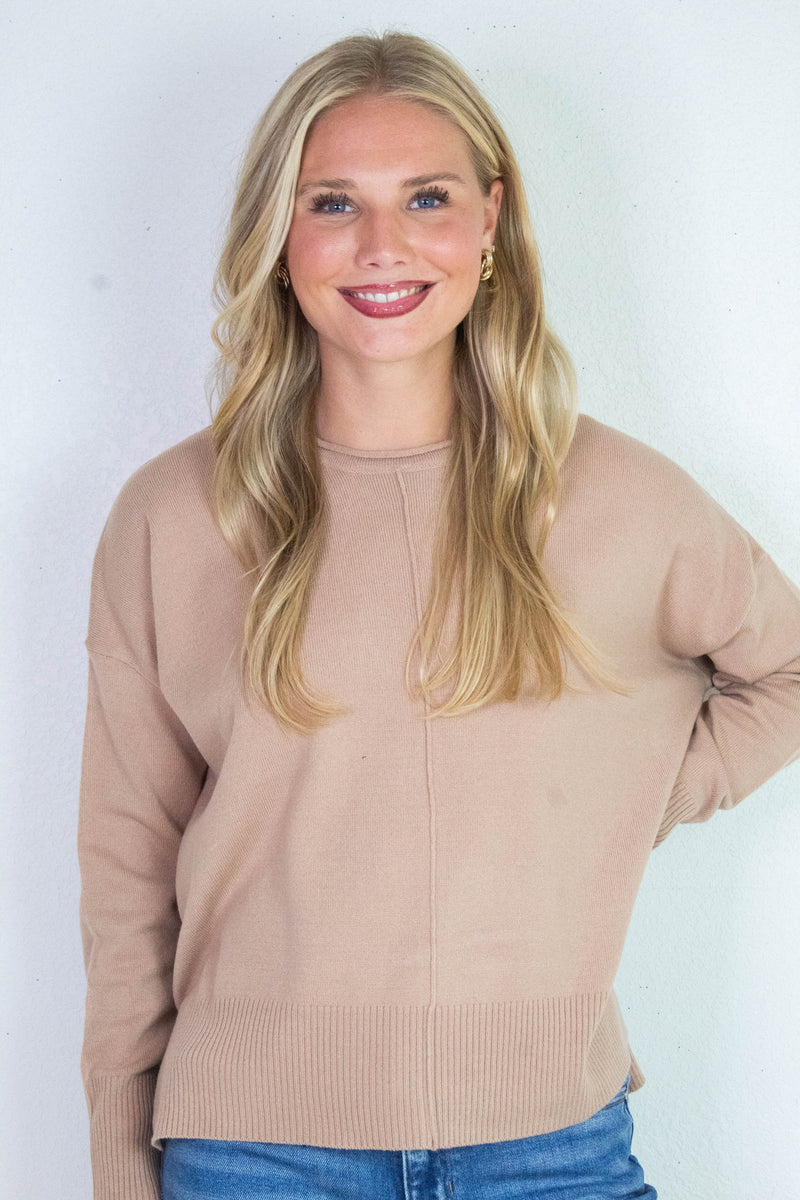 Kenzie Roll Neck Seam Front Sweater, Dark Taupe