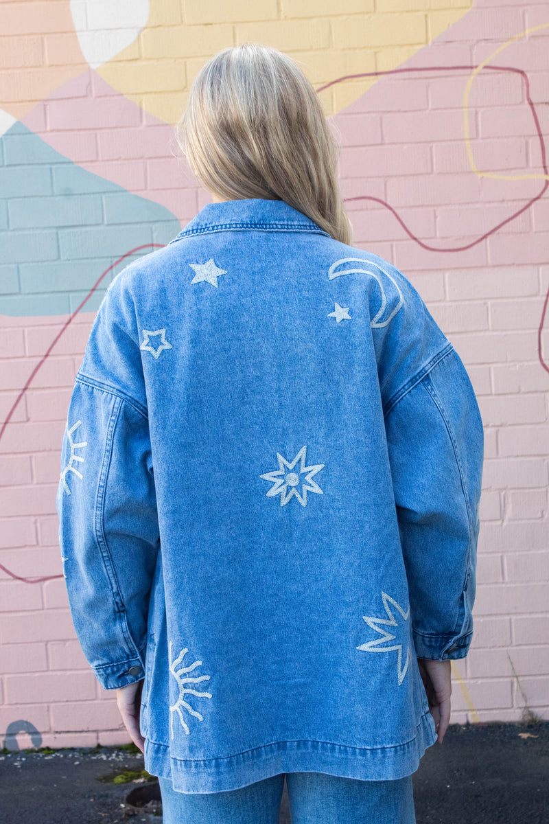 Ashley Embroidered Denim Jacket, Medium Wash