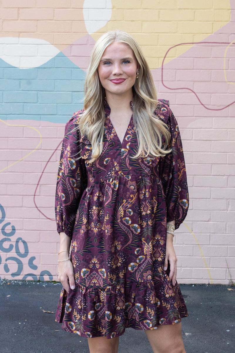 Kylie Printed Ruffle Detailed Dress, Wine Mix