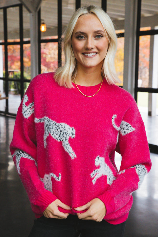 Pink Leopard Sweater, Fuschia