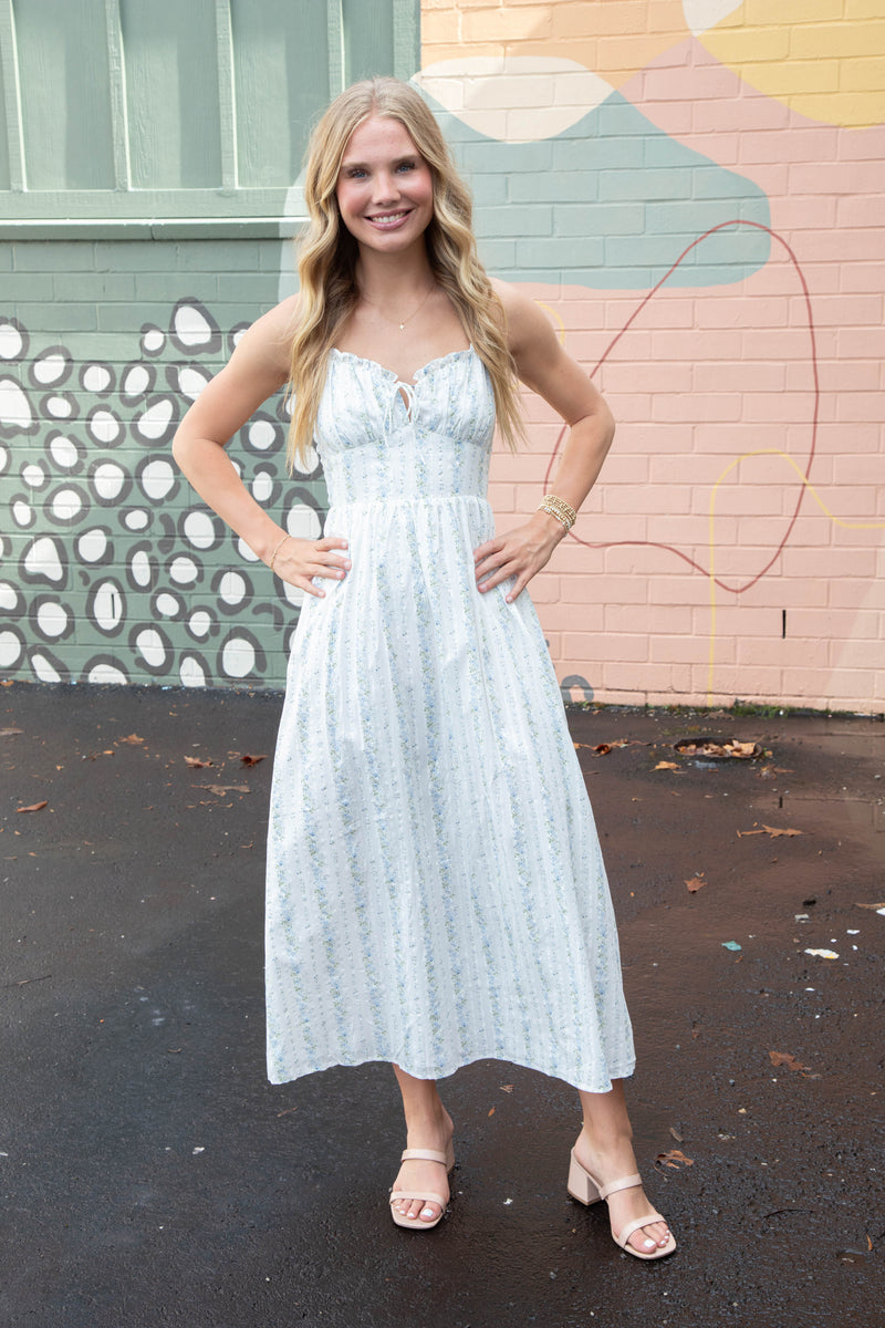 Ariah Floral Striped Midi Dress, White/Blue Floral