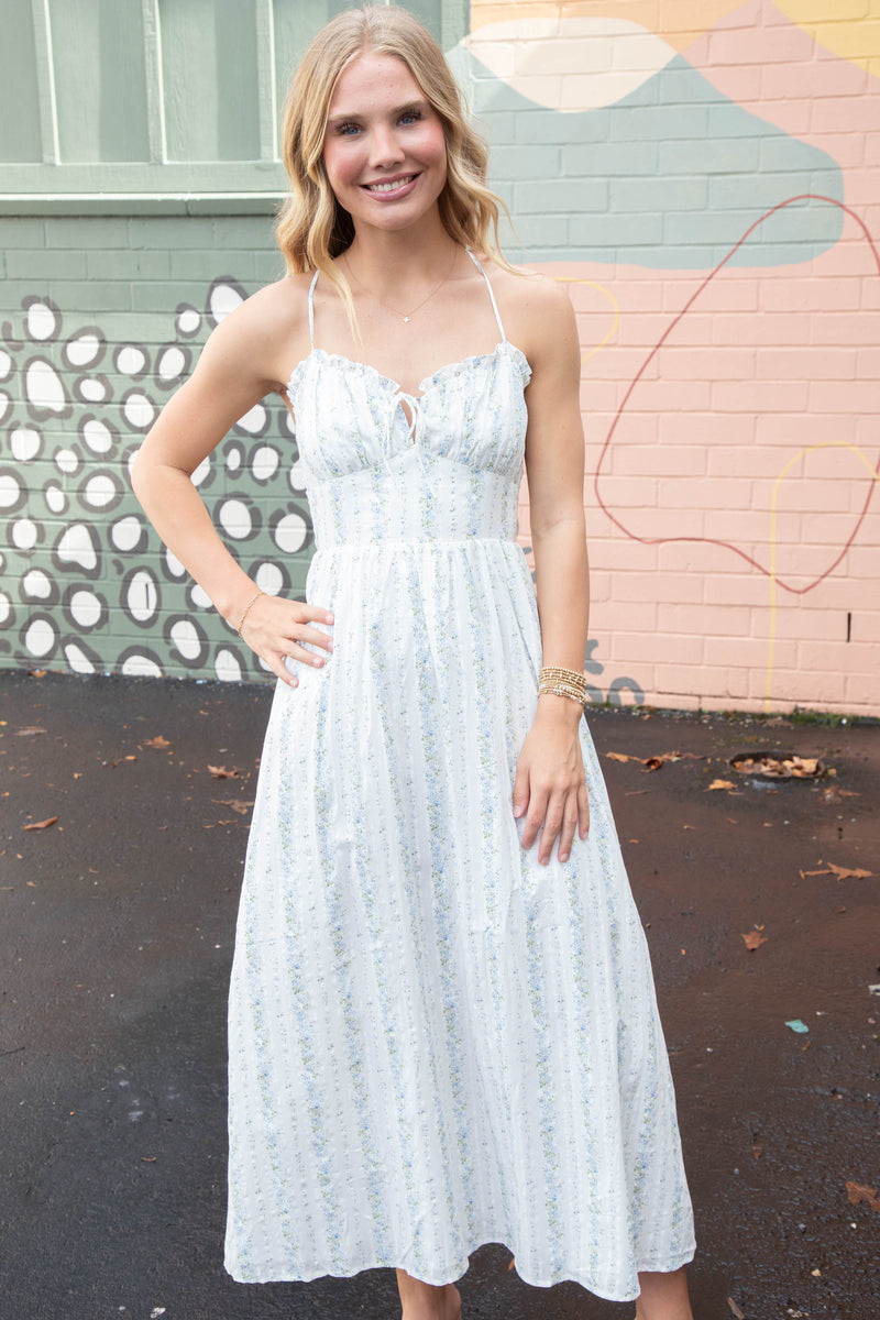 Ariah Floral Striped Midi Dress, White/Blue Floral
