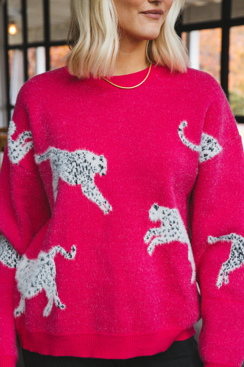 Pink Leopard Sweater, Fuschia