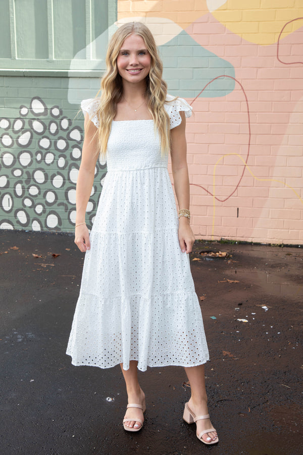 Emmy Eyelet Tiered Midi Dress, White