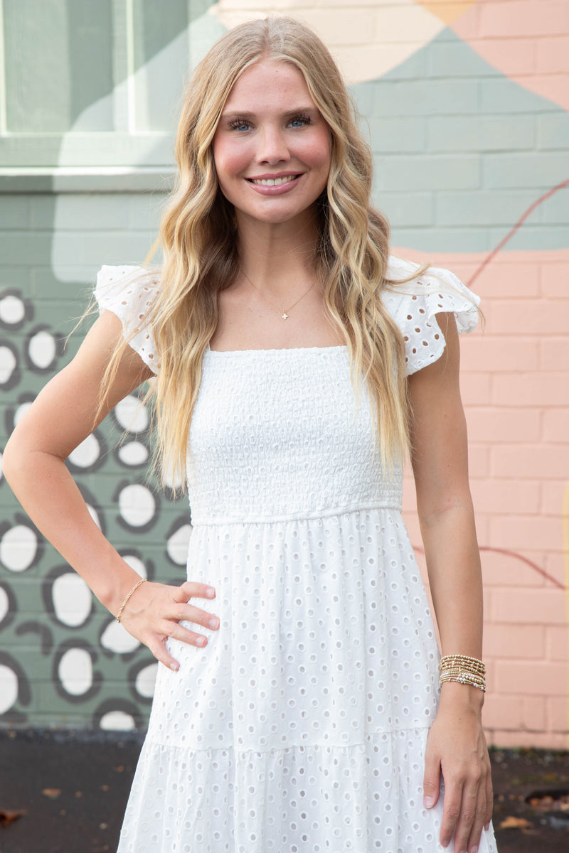 Emmy Eyelet Tiered Midi Dress, White