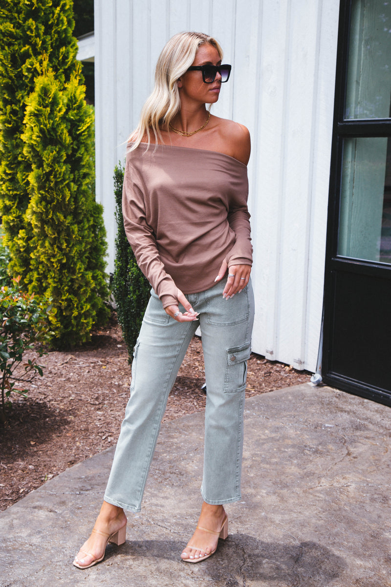 Off the Shoulder Asymmetrical Knit Top, Mocha