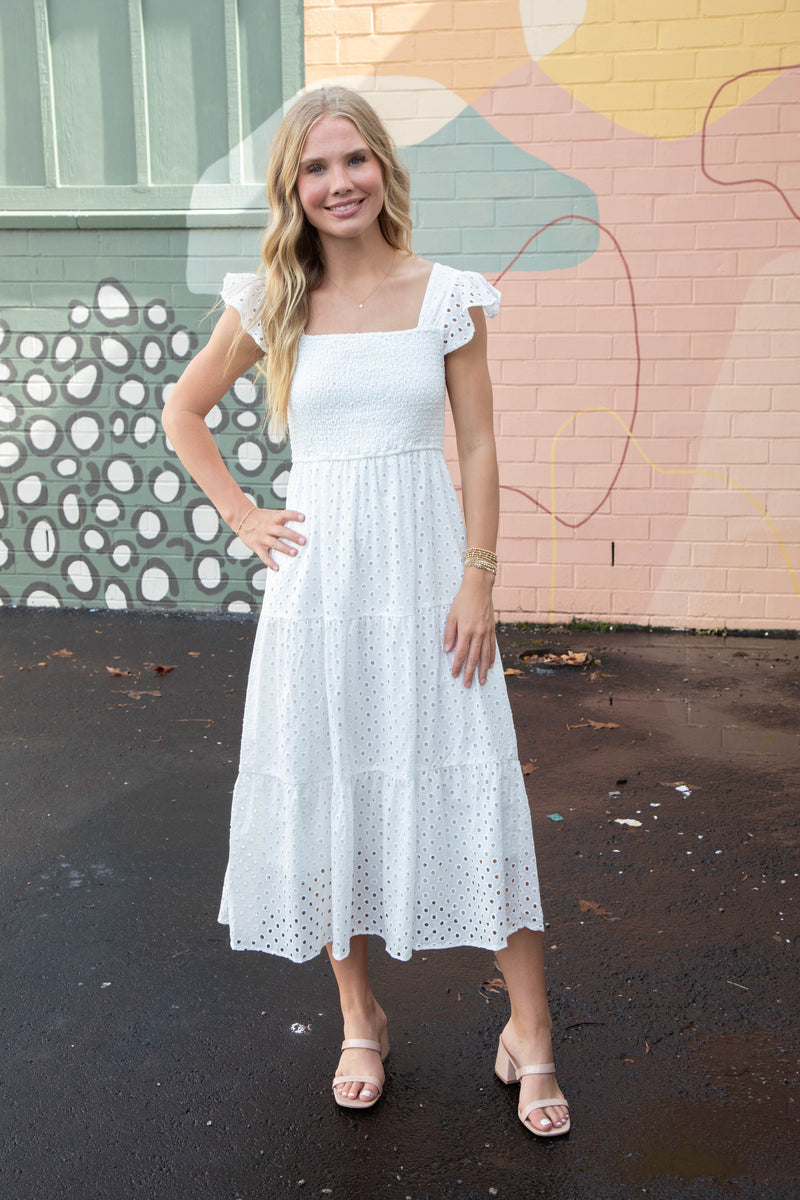 Emmy Eyelet Tiered Midi Dress, White