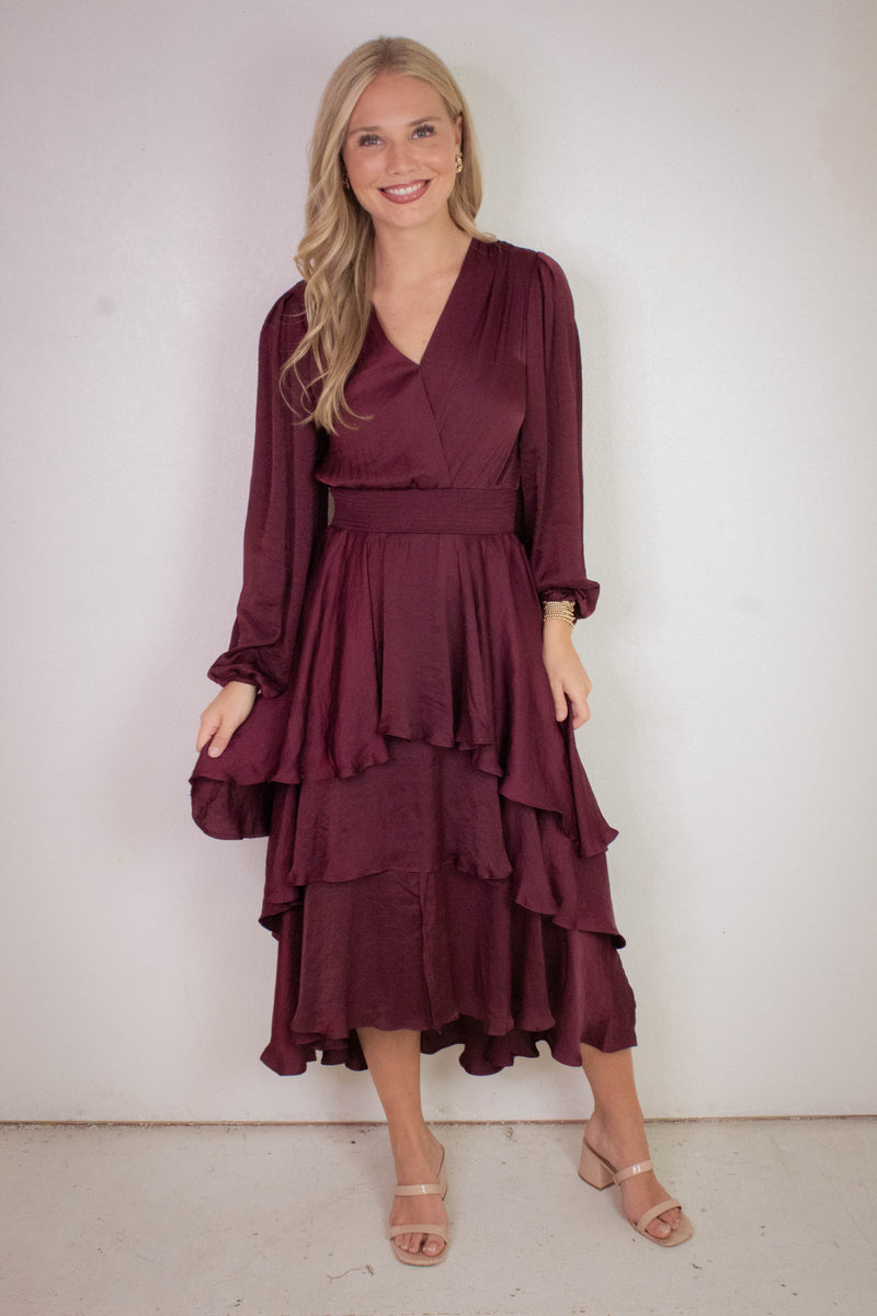 Bei Surplice V-Neck Midi Dress, Wine | Steve Madden