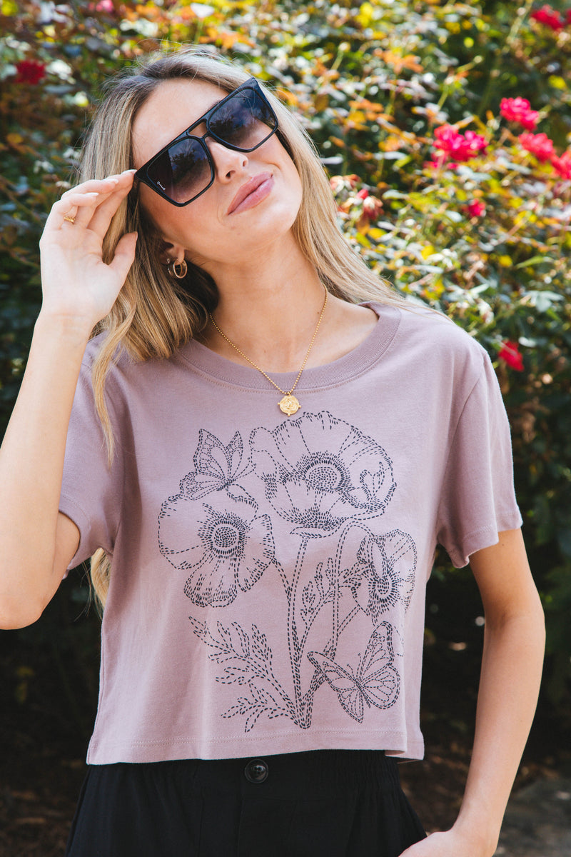 Flower Embroidery Graphic Tee, Antler