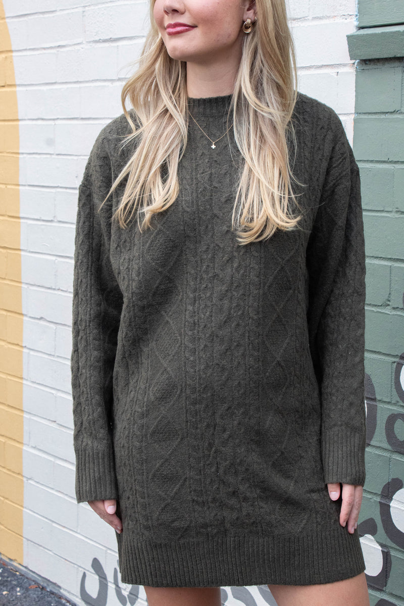 Kehlani Cable Knit Sweater Dress, Olive