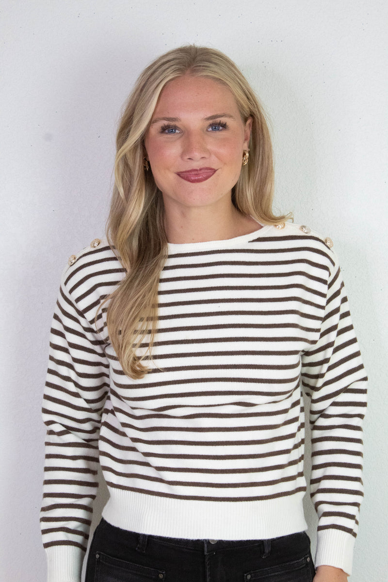 Eloise Buttoned Shoulder Sweater, Cream/Brown
