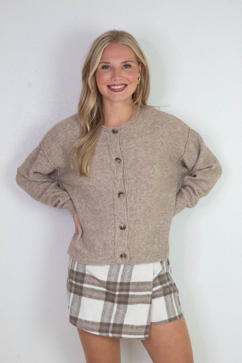 Malaya Wrap Front Plaid Skort, Taupe/Brown