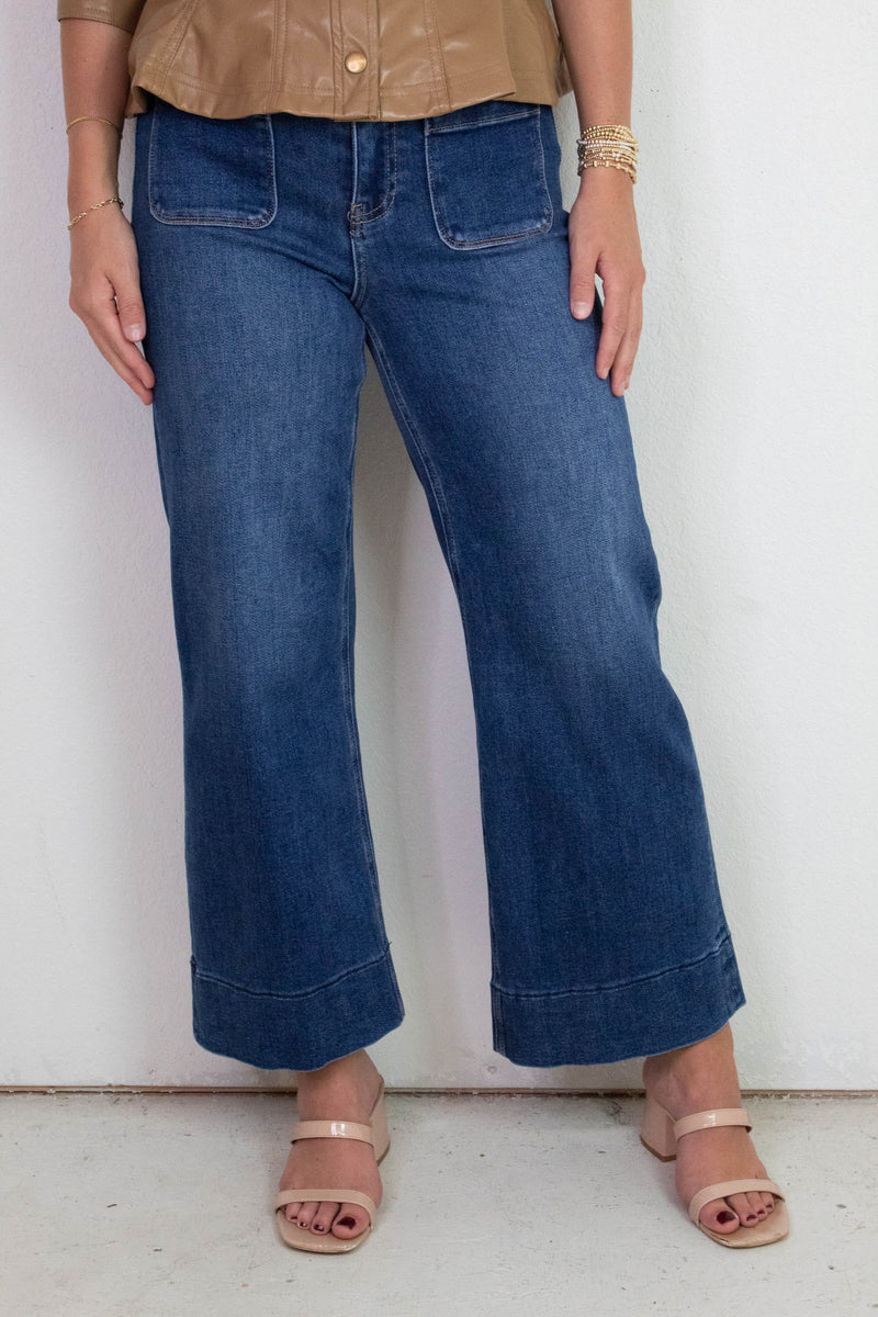 Kaia Crop Wide Leg Patch Pocket Jeans, Dark