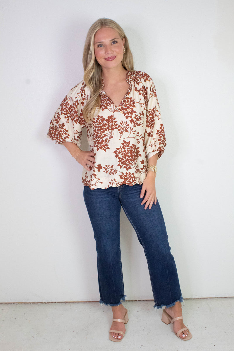Zorina Cherry Blossom Print Blouse, Caramel